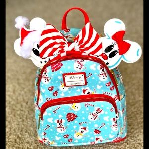 Loungefly Disney Mickey & Minnie Snowman Christmas Mini Backpack & Matching Ears
